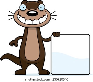 A cartoon illustration of an otter with a sign.