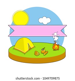 Cartoon illustration - outdoor recreation in tents. summer camp by the fire. camping trip. life on nature. modern youth travel with pink logo ribbon
