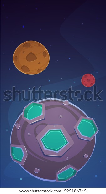 Cartoon illustration of the outer space with\
planets. Game\
background.