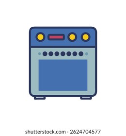 Ilustração de desenho animado de um forno com tons azuis, com um design plano simples e linhas limpas.