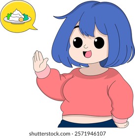 A cartoon illustration of an overweight girl with blue hair, smiling while gesturing stop and showing a food bubble, symbolizing dieting and intermittent fasting