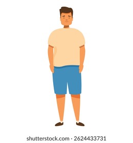 Cartoon illustration of an overweight man standing with his hands in his pockets, depicting concepts of body image, health, and weight management