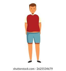 Ilustração em desenho animado de um homem obeso de pé com as mãos atrás das costas, retratando obesidade e estilo de vida insalubre