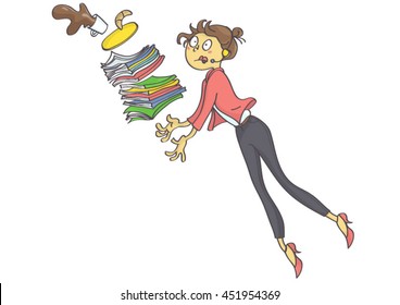 Cartoon illustration of overworked business woman, secretary or trainee stumbling and dropping office stuff and coffee.