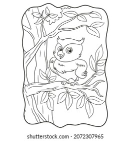 cartoon illustration owl with cool pose perched on tree trunk book or page for kids black and white