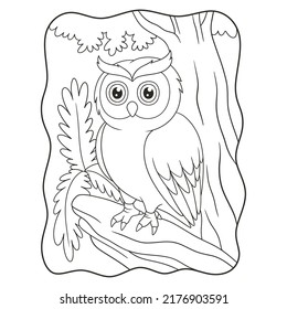 cartoon illustration an owl perched coolly on a fallen tree trunk in the middle of the forest book or page for kids black and white