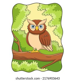 cartoon illustration owl is perching on a big tree trunk during the day