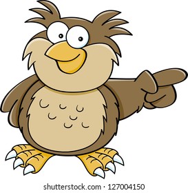 Cartoon illustration of an owl pointing.