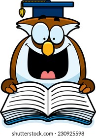 A cartoon illustration of an owl reading a book.