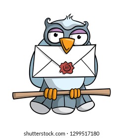 Cartoon illustration of an owl sitting on a branch with an envelope in it's beak