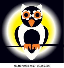 cartoon illustration of owl sitting on the branch by night, vector colorful background