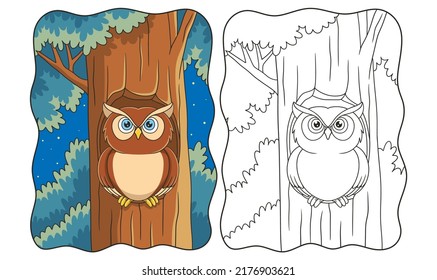 cartoon illustration owl standing in front of his house on a big tree trunk at night book or page for kids