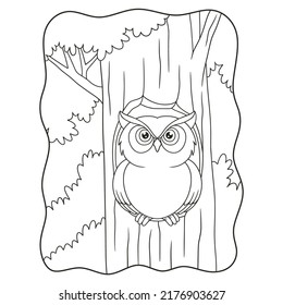 cartoon illustration owl standing in front of his house on a big tree trunk at night book or page for kids black and white