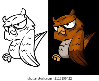 Cartoon illustration of Owl standing at night, best for mascot, logo, sticker, and coloring book for children