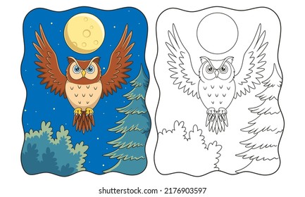 cartoon illustration an owl that flies proudly under the light of the full moon in the forest book or page for kids