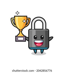 Cartoon Illustration of padlock is happy holding up the golden trophy , cute style design for t shirt, sticker, logo element