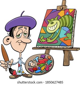 Cartoon illustration of painter artist with his painting