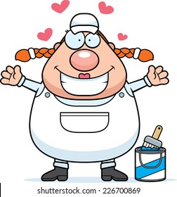 A cartoon illustration of a painter ready to give a hug.