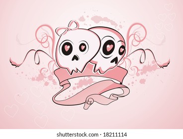 A cartoon illustration of a pair abstract girlie skulls with pink floral  and grungy background.