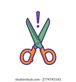 a cartoon illustration of a pair of scissors with green blades and orange handles and a purple exclamation mark above them on a white background