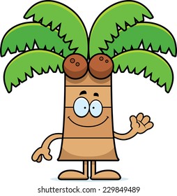 A cartoon illustration of a palm tree waving.