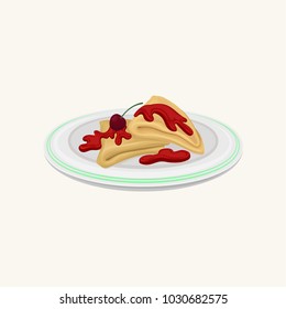 Cartoon illustration of pancakes folded in triangles covered with sweet cherry jam. Breakfast on plate. Sweet and healthy dessert. Flat vector design for cafe menu