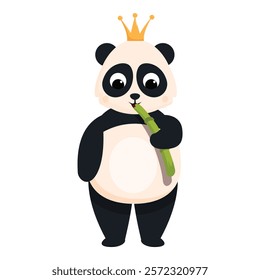 Cartoon illustration of a panda bear wearing a golden crown and enjoying eating a bamboo shoot