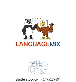 cartoon illustration of a panda and an eagle chatting, mix of languages ​​between countries