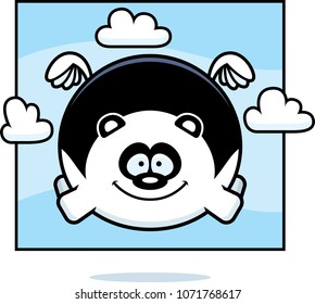 A cartoon illustration of a panda flying in the sky.