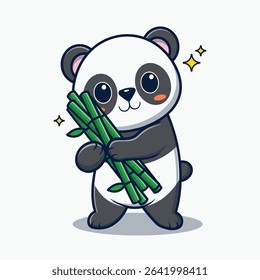 Cartoon illustration of a panda holding a bunch of bamboo shoots.  The panda is depicted in a cute and stylized manner, with large eyes and a cheerful expression.