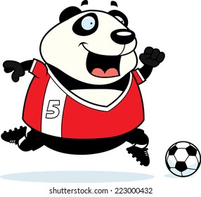 A cartoon illustration of a panda playing soccer.