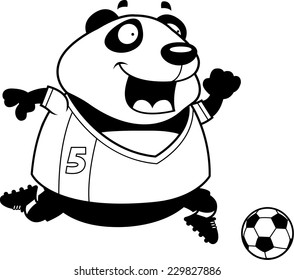 A cartoon illustration of a panda playing soccer.