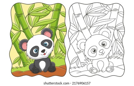 cartoon illustration Panda sitting leisurely under a bamboo tree in the middle of the forest book or page for kids