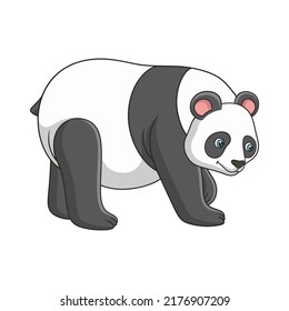 cartoon illustration a panda walking on a cliff in the middle of a forest looking for food