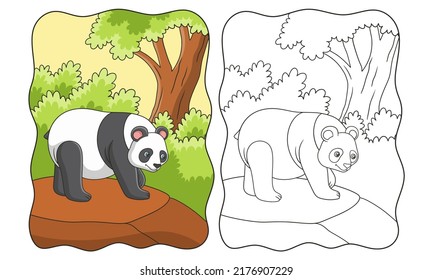cartoon illustration a panda walking on a cliff in the middle of the forest looking for food during the day book or page for kids