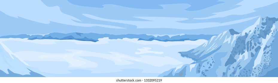 Cartoon illustration of the panorama of the mountain. Top view of a snow covered mountain ridge, swirling clouds 