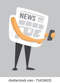 Cartoon illustration of paper newspaper journal using a mobile phone