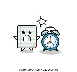 Cartoon Illustration of paper is surprised with a giant alarm clock , cute design