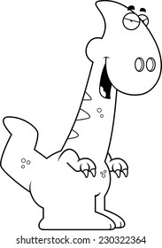 A cartoon illustration of a Parasaurolophus dinosaur with a sly expression.