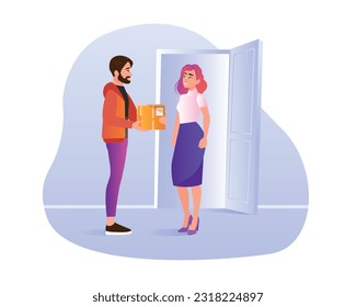 Cartoon illustration of parcel delivery to customer. Working as courier and delivering parcels. Safe and express delivery services to home or office. Vector