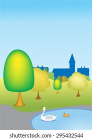 A cartoon illustration of a park with a pond,a swan and a duck, several trees and buildings in the background