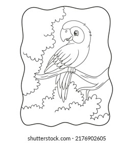 cartoon illustration the parrot is perched gracefully on a tall tree trunk with its beautiful wings book or page for kids black and white