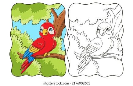 cartoon illustration The parrot is perched on a tall and big tree trunk in the middle of the forest and looking back book or page for kids