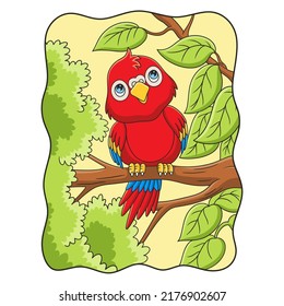 cartoon illustration the parrot is perching on a big and tall tree trunk and looking up at the clouds