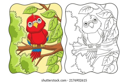 cartoon illustration the parrot is perching on a big and tall tree trunk and looking up at the clouds book or page for kids