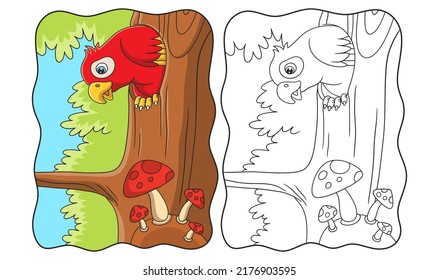 cartoon illustration the parrot that was inside his house that was inside the tree trunk and peeked out to see the food book or page for kids