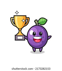 Cartoon Illustration of passion fruit is happy holding up the golden trophy , cute style design for t shirt, sticker, logo element