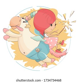 Cartoon illustration in pastel colors in the Doodle style.A little fairy-tale girl is sitting on a unicorn, holding a magic wand