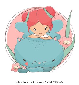 Cartoon illustration in pastel colors in the Doodle style.A fairy girl with blue wings sits with a big funny kitten