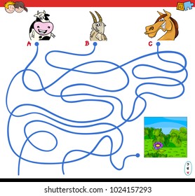 Cartoon Illustration of Paths or Maze Puzzle Activity Game with Farm Animal Characters and Meadow